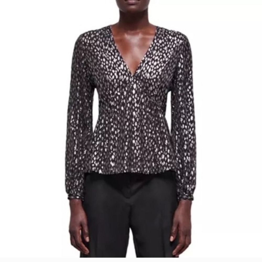 The Kooples Silver Metallic Leopard Silk Peplum Top V-Neck FTOP26064K‎ Size 0